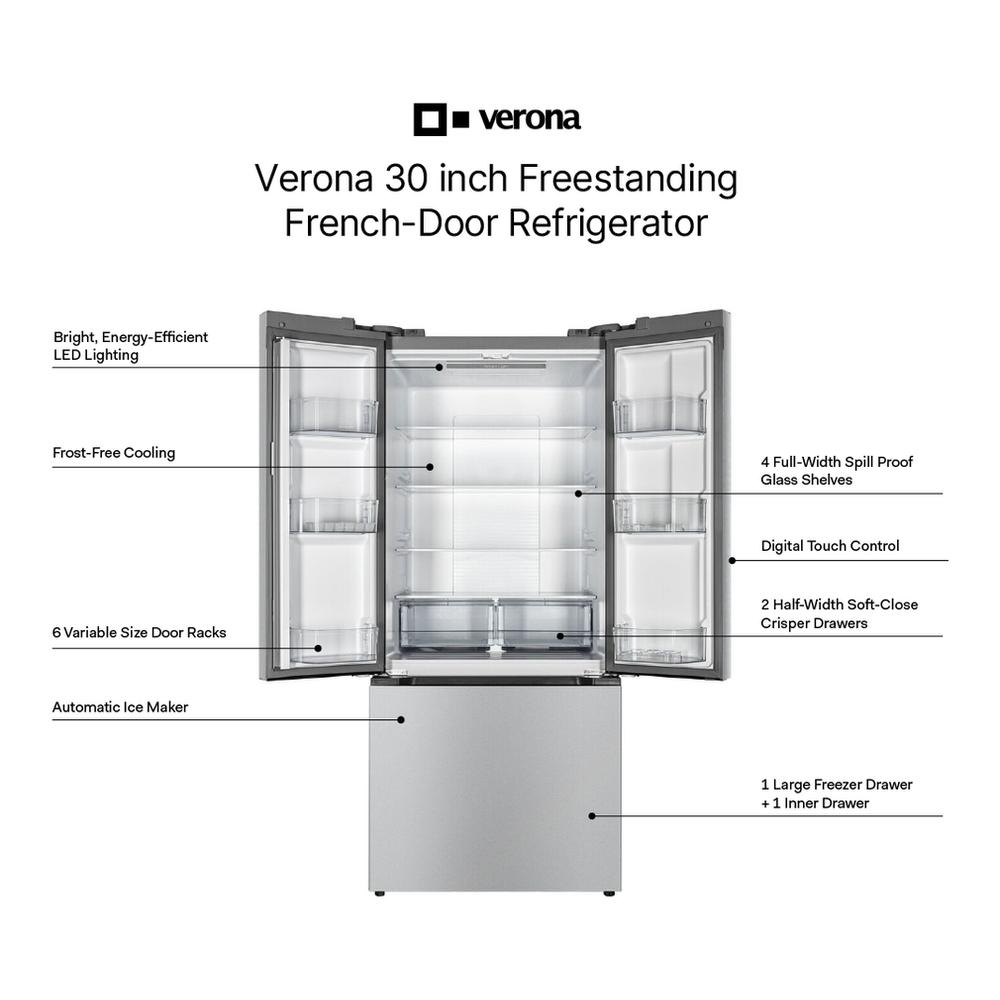 Verona VEFFD3018RISL Verona Veffd3018Risl 30 Inch Freestanding French Door Refrigerator With 18.2 Cu. Ft. Capacity, Automatic Ice Maker, Recessed Handle