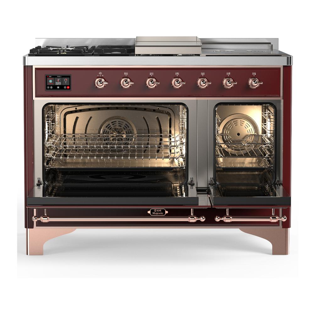 Ilve UM48FSQNR3BUPLP Ilve Um48Fsqnr3Buplp Majestic Iii 48 Inch Dual Fuel Range With 5 Black Brass Burners, Griddle And French Top, Dual Function Burner Up To 25,000 Btu (Liquid Propane, Solid Door, Burgundy, Copper)