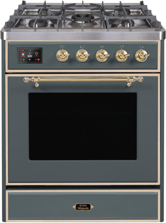 Ilve UM30DNE3BGGLP Majestic Ii 30 Inch Dual Fuel Liquid Propane Freestanding Range In Blue Grey With Brass Trim