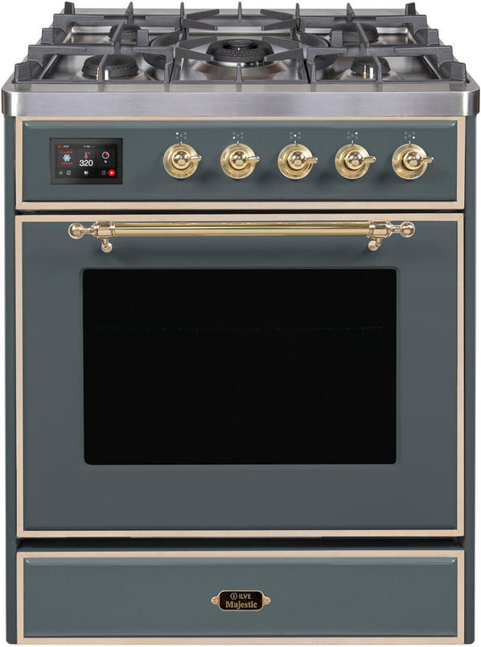 Ilve UM30DNE3BGGLP Majestic Ii 30 Inch Dual Fuel Liquid Propane Freestanding Range In Blue Grey With Brass Trim