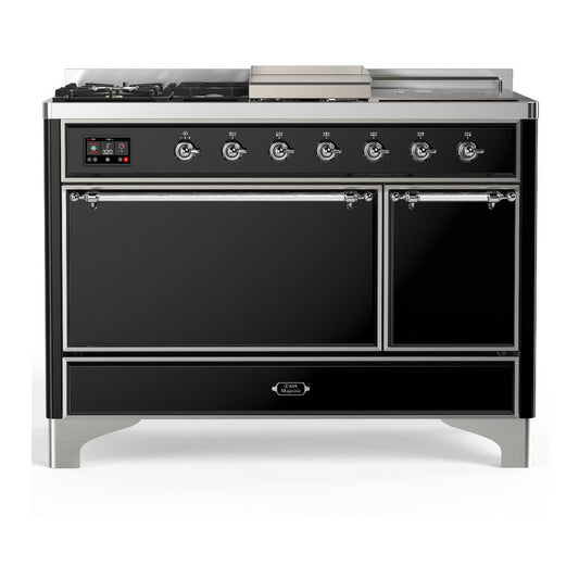 Ilve UM48FSQNR3BKC Ilve Um48Fsqnr3Bkc Majestic Iii 48 Inch Dual Fuel Range With 5 Black Brass Burners, Griddle And French Top, Dual Function Burner Up To 25,000 Btu (Natural Gas, Solid Door, Glossy Black, Chrome)