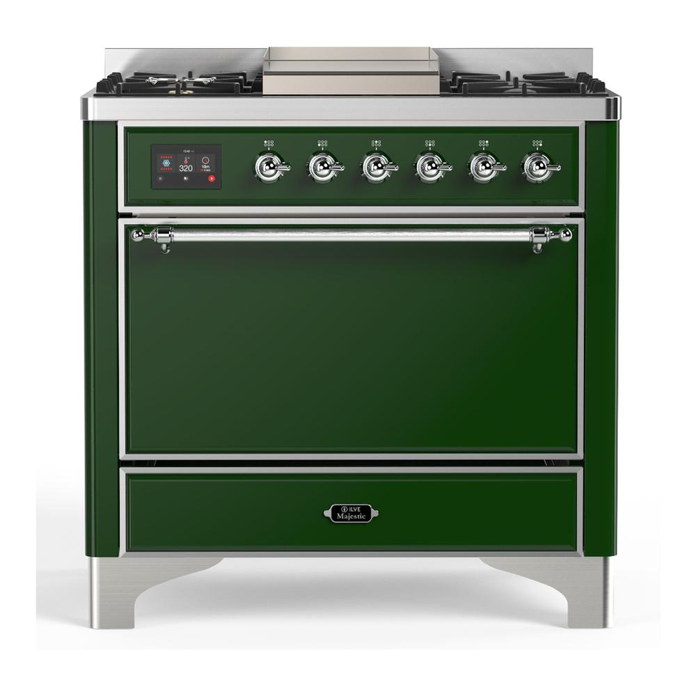 Ilve UM36FQNR3EGCLP Ilve Um36Fqnr3Egclp Majestic Iii 36 Inch Dual Fuel Range With 6 Black Brass Burners And Griddle, Dual Function Burner Up To 25,000 Btu (Solid Door, Emerald Green, Chrome, Liquid Propane)