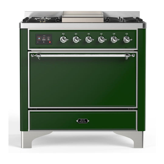 Ilve UM36FQNR3EGCLP Ilve Um36Fqnr3Egclp Majestic Iii 36 Inch Dual Fuel Range With 6 Black Brass Burners And Griddle, Dual Function Burner Up To 25,000 Btu (Solid Door, Emerald Green, Chrome, Liquid Propane)