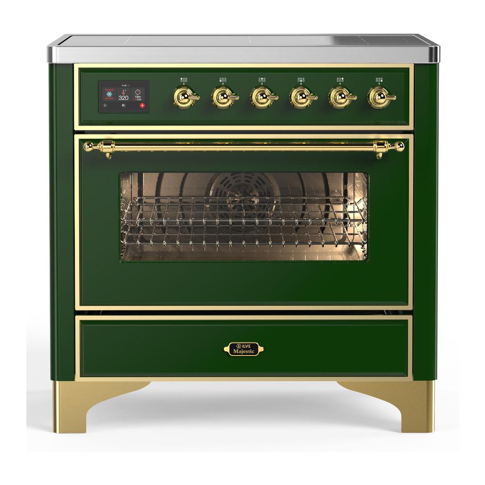Ilve UMIB36NR3EGG Ilve Umib36Nr3Egg Majestic Iii 36 Inch Induction Range With 6 Elements, 3.5 Cu. Ft. Total Oven Capacity (Triple Glass Door, Emerald Green, Brass)