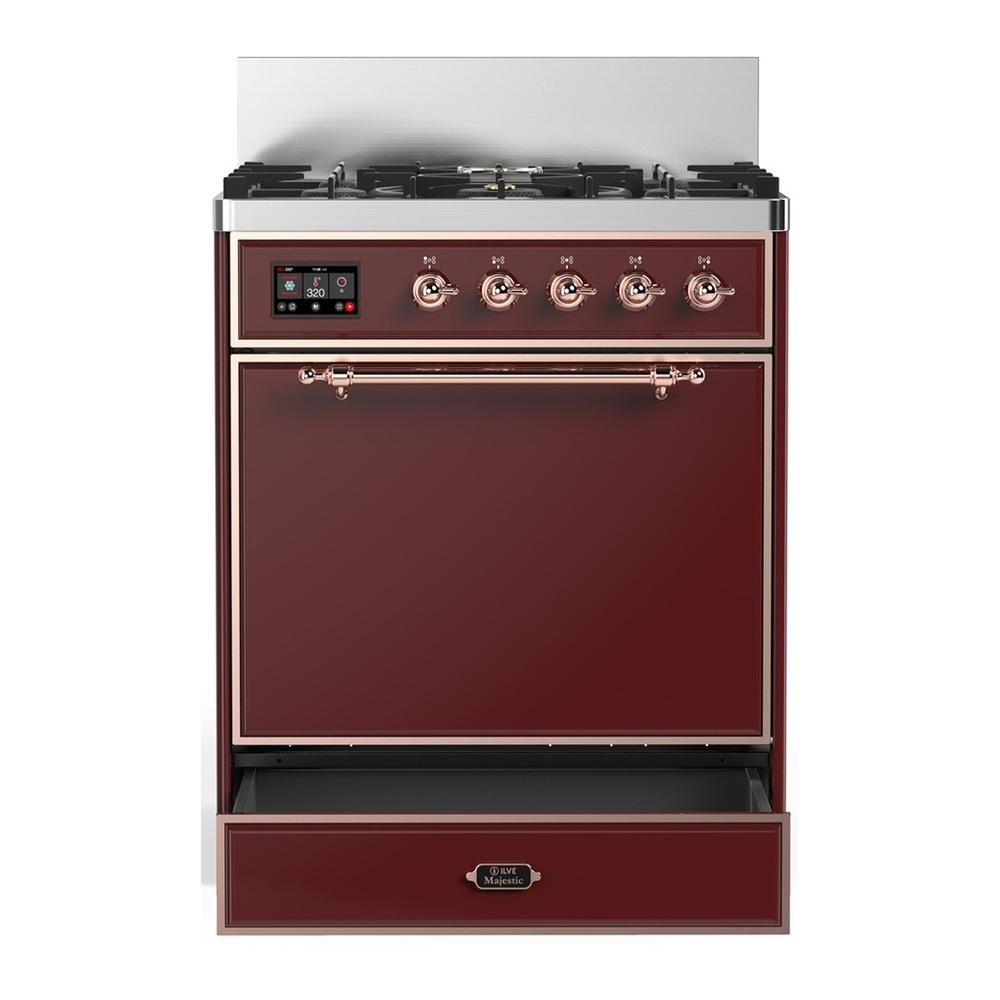 Ilve UM30QNR3BUPLP Ilve Um30Qnr3Buplp Majestic Iii 30 Inch Dual Fuel Range With 5 Black Brass Burners, Dual Function Burner Up To 25,000 Btu (Liquid Propane, Solid Door, Burgundy, Copper)