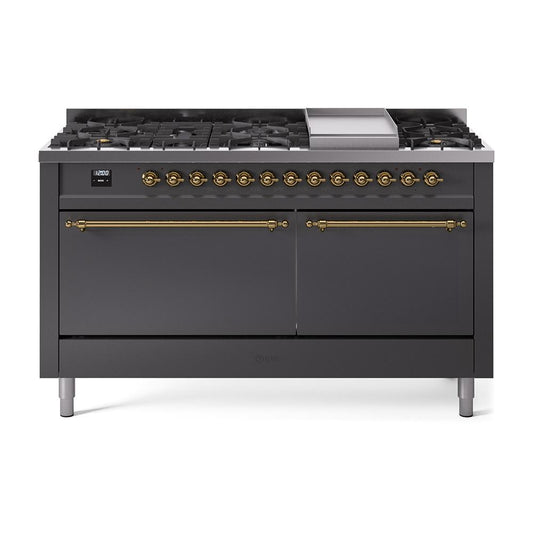 Ilve UP60FQNMPMGG Ilve Nostalgie Ii 60 Up60Fqnmpmgg Freestanding Dual Fuel Range With 9 Sealed Burners Double Oven With Solid Door In Graphite Matte With Brass Knobs