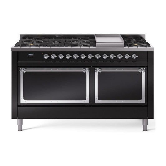 Ilve UN60FQNMPBKCLP Ilve Un60Fqnmpbkclp Nostalgie Ii Noblesse 60" Dual Fuel Range (9 Sealed Burners + Griddle, Liquid Propane, Solid Door, Glossy Black, Chrome)
