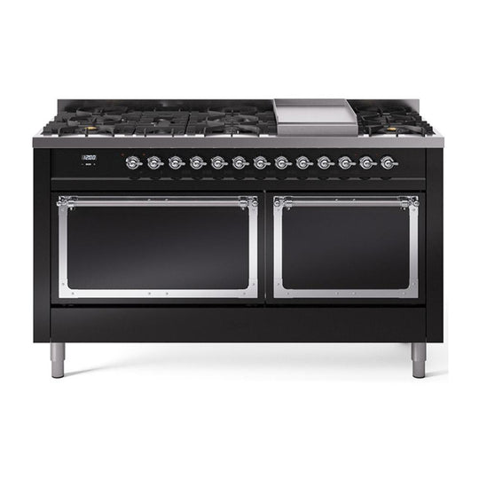 Ilve UN60FQNMPBKCLP Ilve Un60Fqnmpbkclp Nostalgie Ii Noblesse 60" Dual Fuel Range (9 Sealed Burners + Griddle, Liquid Propane, Solid Door, Glossy Black, Chrome)