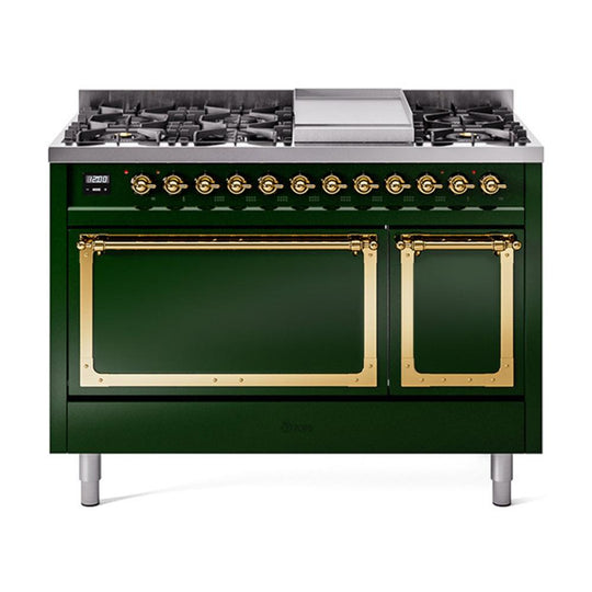 Ilve UN48FQNMPEGGLP Ilve Un48Fqnmpegglp Nostalgie Ii Noblesse 48" Dual Fuel Range (8 Sealed Burners + Griddle, Liquid Propane, Solid Door, Emerald Green, Brass)