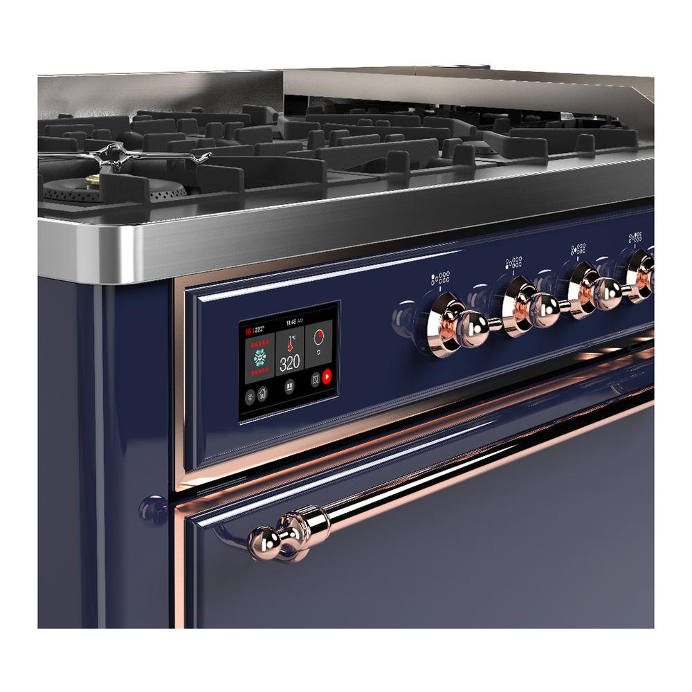 Ilve UM60FQNR3MBPLP Ilve Um60Fqnr3Mbplp Majestic Iii 60 Inch Dual Fuel Range With 9 Burners And Griddle, Dual Function Burner Up To 25,000 Btu (Liquid Propane, Solid Door, Midnight Blue, Copper)