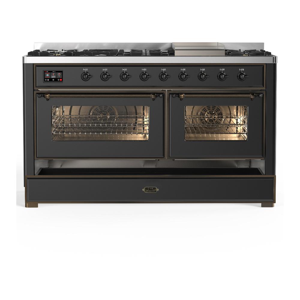 Ilve UM60FNR3MGB Ilve Um60Fnr3Mgb Majestic Iii 60 Inch Dual Fuel Range With 9 Burners And Griddle, Dual Function Burner Up To 25,000 Btu (Natural Gas, Triple Glass Door, Graphite Matte, Burnished)