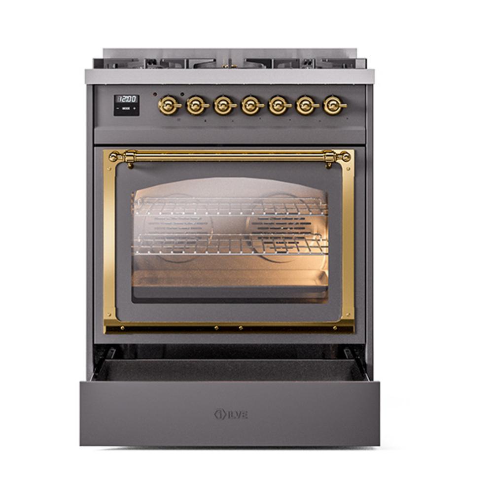 Ilve UN30NMPMGGLP Ilve Un30Nmpmgglp Nostalgie Ii Noblesse 30" Dual Fuel Range (Liquid Propane, Triple Glass Door, Graphite Matte, Brass)