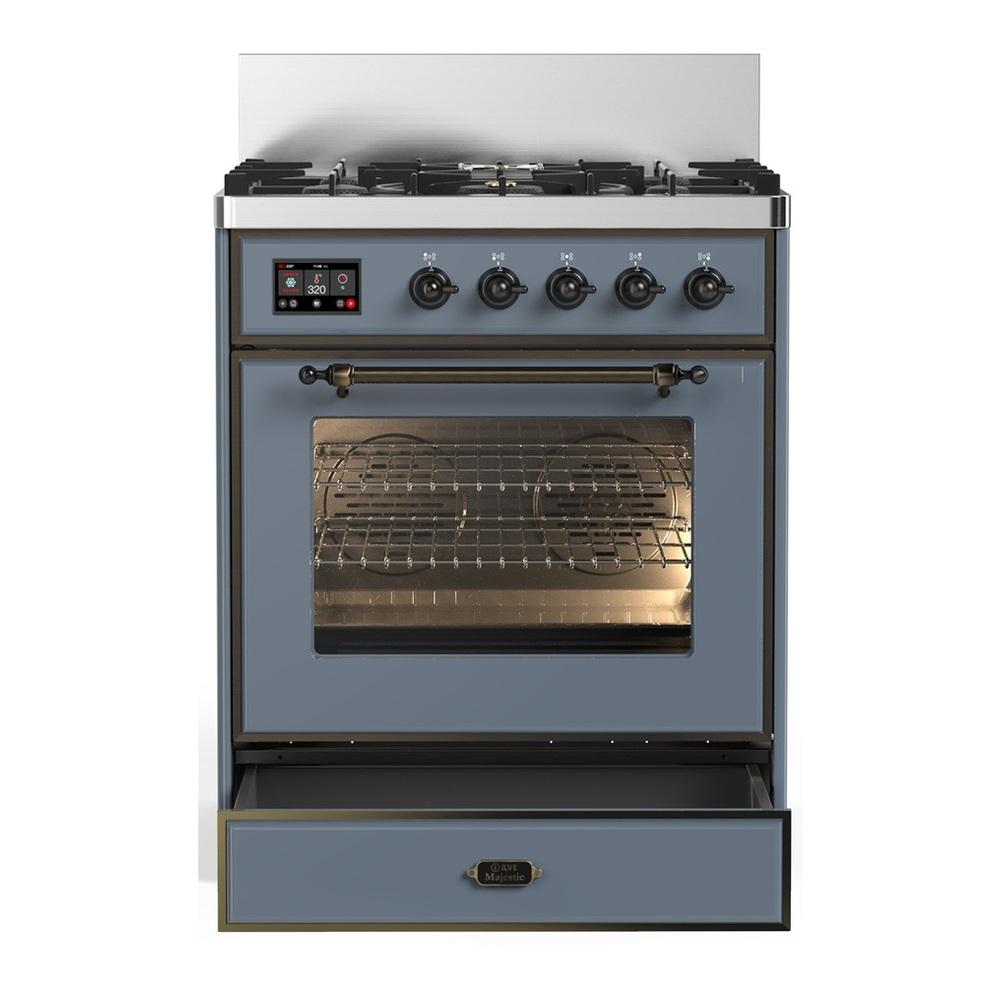 Ilve UM30NR3BGBLP Ilve Um30Nr3Bgblp Majestic Iii 30 Inch Dual Fuel Range With 5 Black Brass Burners, Dual Function Burner Up To 25,000 Btu (Liquid Propane, Triple Glass Door, Blue Grey, Burnished)