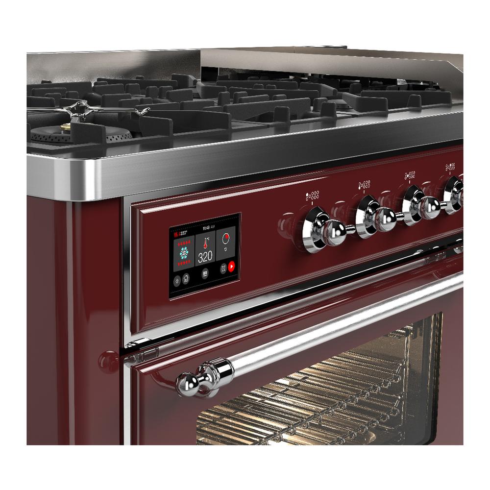 Ilve UM60FNR3BUC Ilve Um60Fnr3Buc Majestic Iii 60 Inch Dual Fuel Range With 9 Burners And Griddle, Dual Function Burner Up To 25,000 Btu (Natural Gas, Triple Glass Door, Burgundy, Chrome)