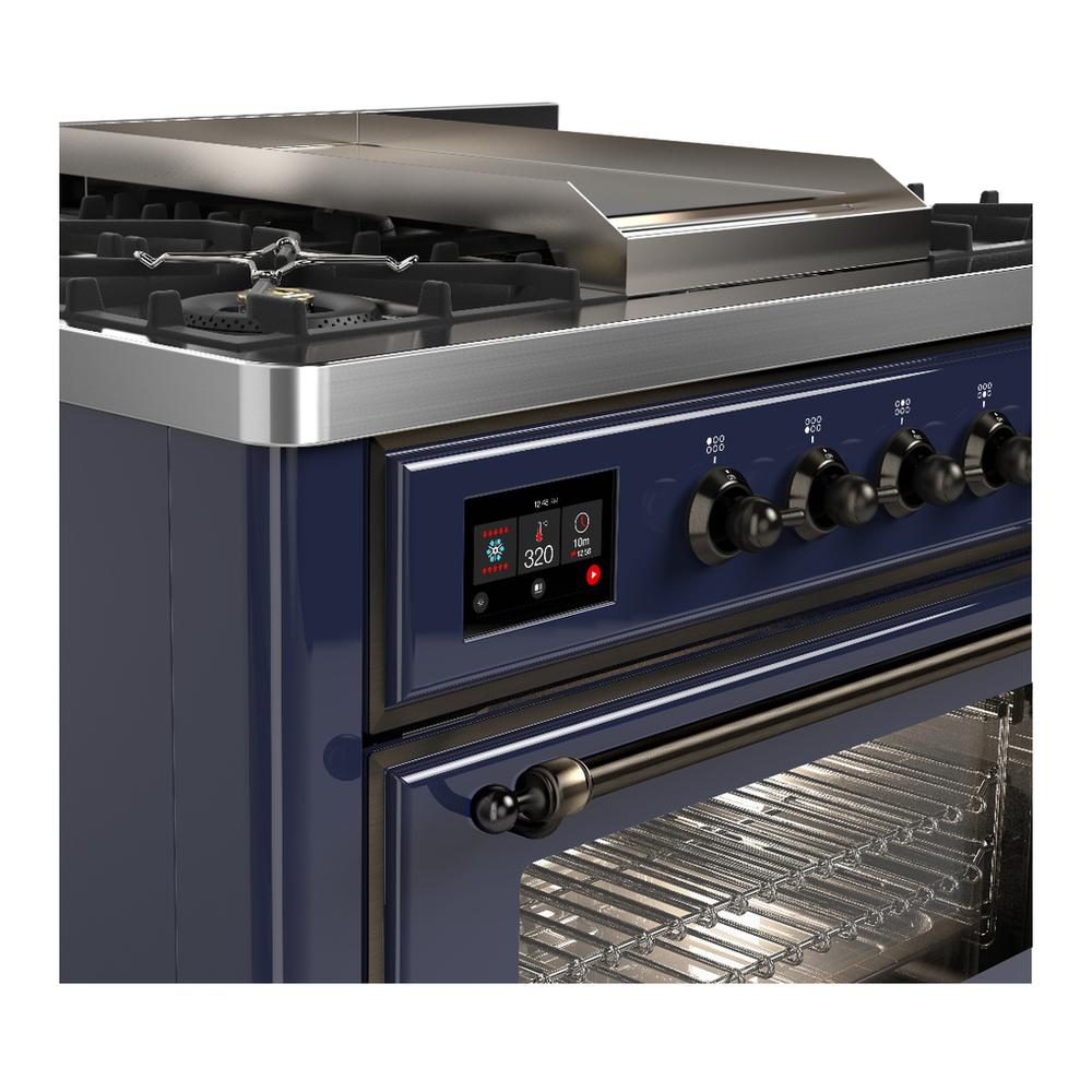 Ilve UM36FNR3MBB Ilve Um36Fnr3Mbb Majestic Iii 36 Inch Dual Fuel Range With 6 Black Brass Burners And Griddle, Dual Function Burner Up To 25,000 Btu (Triple Glass Door, Midnight Blue, Burnished, Natural Gas)