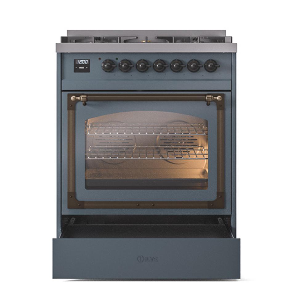 Ilve UN30NMPBGBLP Ilve Un30Nmpbgblp Nostalgie Ii Noblesse 30" Dual Fuel Range (Liquid Propane, Triple Glass Door, Blue Grey, Burnished)