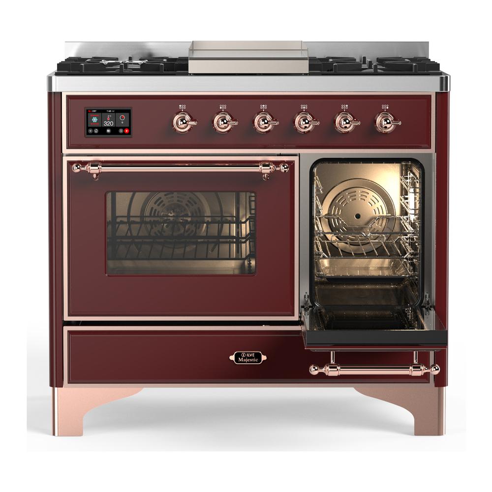 Ilve UMD40FNR3BUPLP Ilve Umd40Fnr3Buplp Majestic Iii 40 Inch Dual Fuel Range With 6 Burners And Griddle, Dual Function Burner Up To 25,000 Btu (Liquid Propane, Triple Glass Door, Burgundy, Copper)