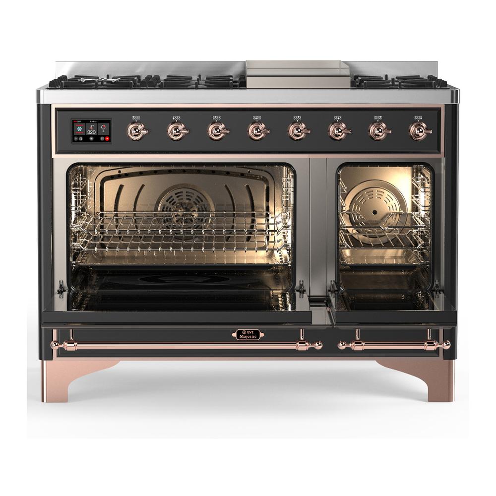 Ilve UM48FNR3MGPLP Ilve Um48Fnr3Mgplp Majestic Iii 48 Inch Dual Fuel Range With 8 Burners And Griddle, Dual Function Burner Up To 25,000 Btu (Liquid Propane, Triple Glass Door, Graphite Matte, Copper)