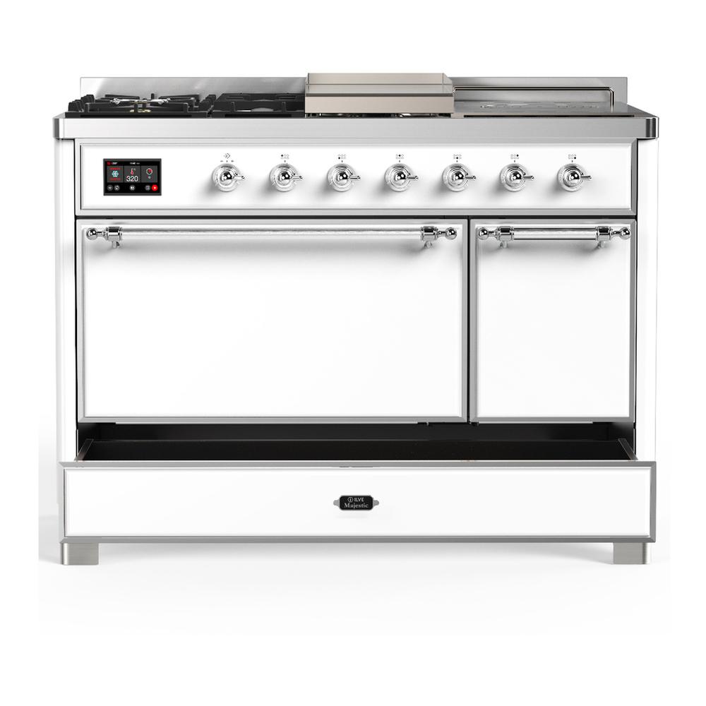 Ilve UM48FSQNR3WHCLP Ilve Um48Fsqnr3Whclp Majestic Iii 48 Inch Dual Fuel Range With 5 Black Brass Burners, Griddle And French Top, Dual Function Burner Up To 25,000 Btu (Liquid Propane, Solid Door, White, Chrome)