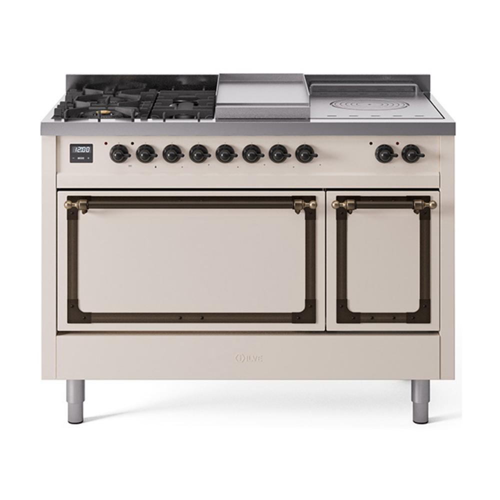 Ilve UN48FSQNMPAWBLP Ilve Un48Fsqnmpawblp Nostalgie Ii Noblesse 48" Dual Fuel Range (5 Sealed Burners + Griddle + French Top, Liquid Propane, Solid Door, Antique White, Burnished)