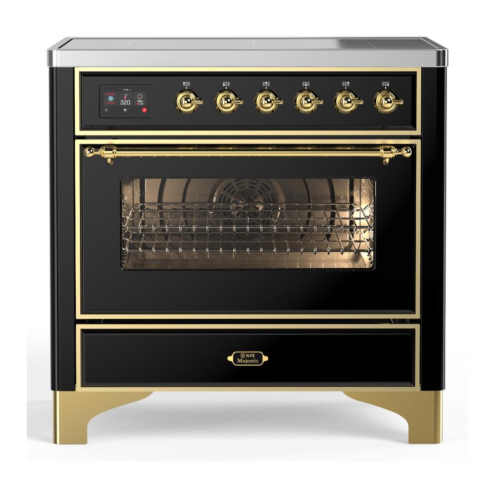 Ilve UMIB36NR3BKG Ilve Umib36Nr3Bkg Majestic Iii 36 Inch Induction Range With 6 Elements, 3.5 Cu. Ft. Total Oven Capacity (Triple Glass Door, Glossy Black, Brass)