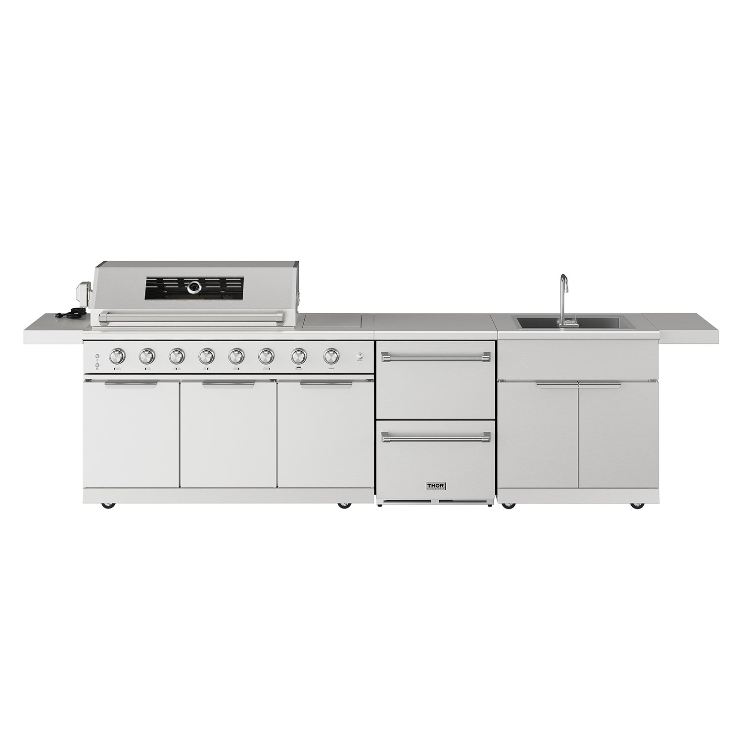Thor Kitchen TBG573P 10 Ft. Outdoor Kitchen Island With Gas Grill & Side Burner, Sink & Drawer 77,000 Btu - Stainless Steel
