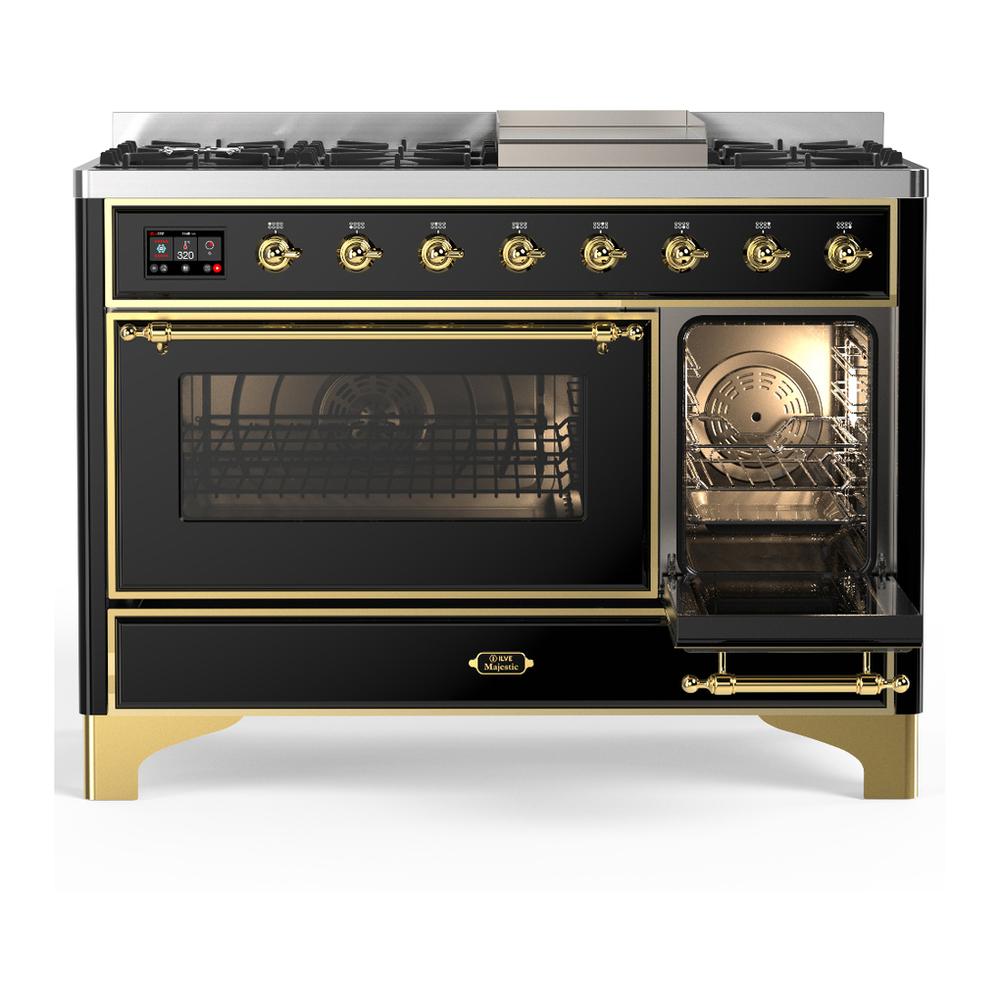 Ilve UM48FNR3BKG Ilve Um48Fnr3Bkg Majestic Iii 48 Inch Dual Fuel Range With 8 Burners And Griddle, Dual Function Burner Up To 25,000 Btu (Natural Gas, Triple Glass Door, Glossy Black, Brass)