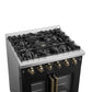 Forno FFSGS644430BLK Forno Galiano 30-Inch French Door Gas Range Black And Antique Brass Design, 5 Sealed Burners 68,000 Btu, 4.32 Cu.Ft. Convection Oven