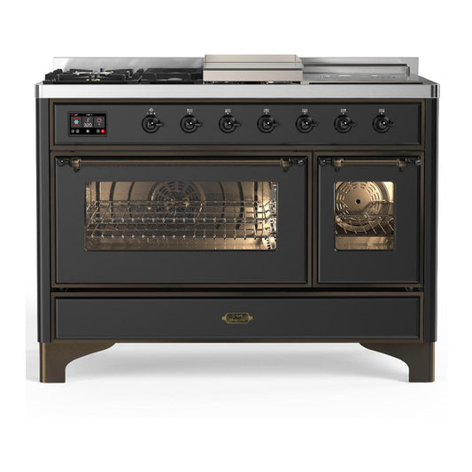 Ilve UM48FSNR3MGB Ilve Um48Fsnr3Mgb Majestic Iii 48 Inch Dual Fuel Range With 5 Black Brass Burners, Griddle And French Top, Dual Function Burner Up To 25,000 Btu (Natural Gas, Triple Glass Door, Graphite Matte, Burnished)