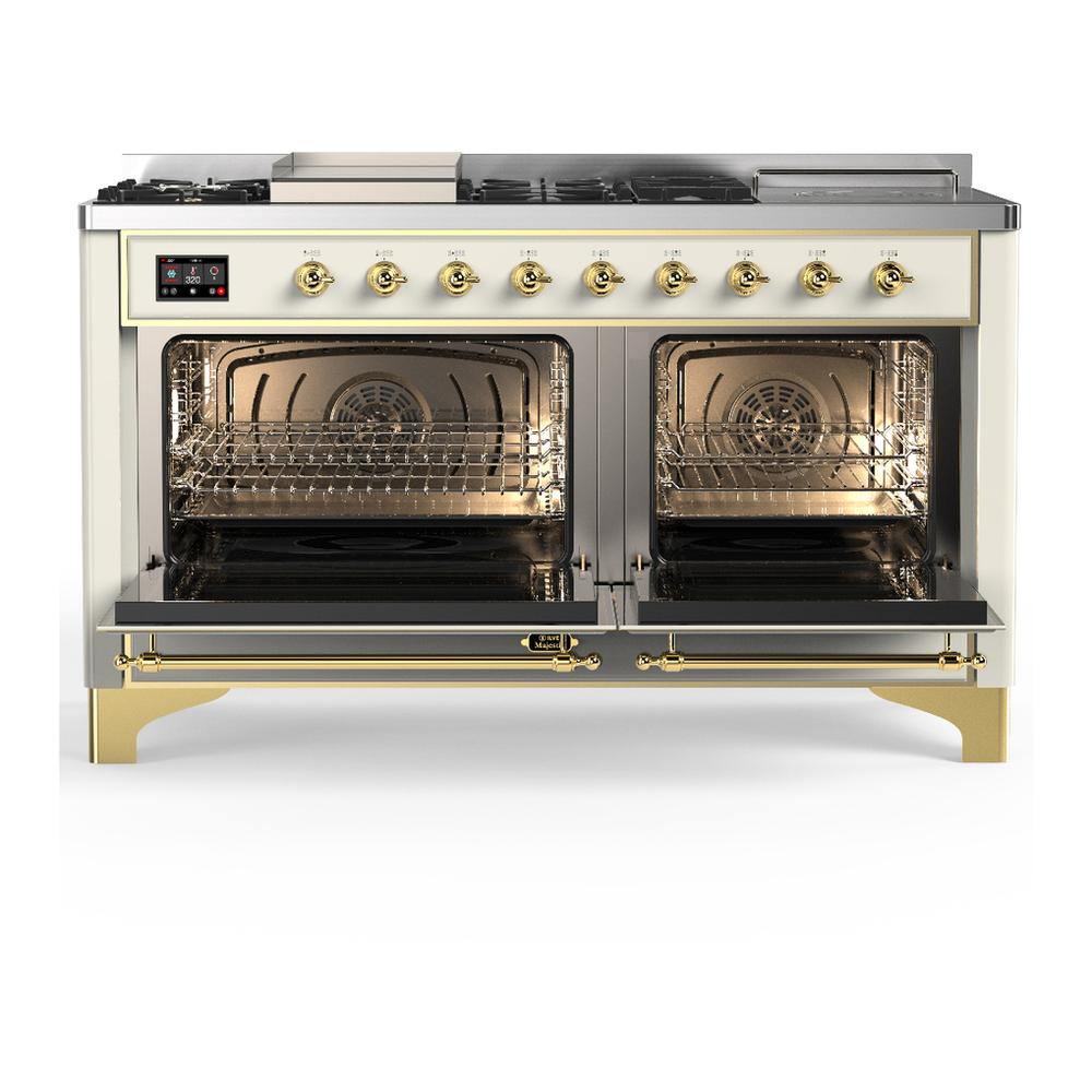 Ilve UM60FSNR3AWG Ilve Um60Fsnr3Awg Majestic Iii 60 Inch Dual Fuel Range With 7 Burners, Griddle And French Top, Dual Function Burner With Up To 25,000 Btu (Natural Gas, Triple Glass Door, Antique White, Brass)