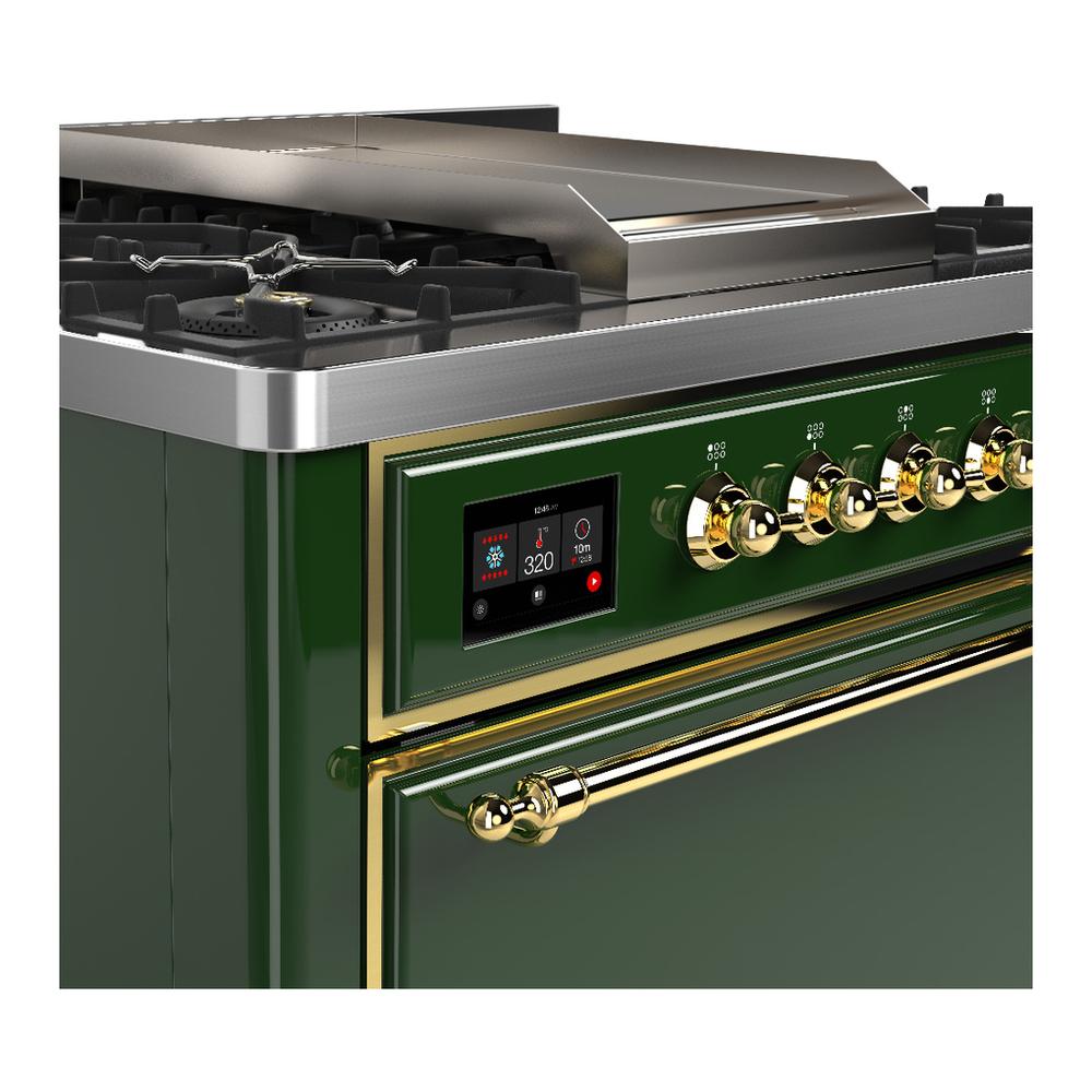 Ilve UM36FQNR3EGG Ilve Um36Fqnr3Egg Majestic Iii 36 Inch Dual Fuel Range With 6 Black Brass Burners And Griddle, Dual Function Burner Up To 25,000 Btu (Solid Door, Emerald Green, Brass, Natural Gas)