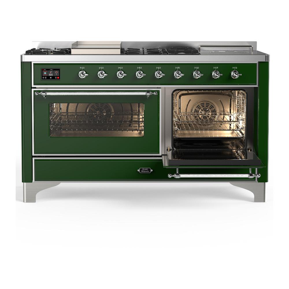 Ilve UM60FSNR3EGC Ilve Um60Fsnr3Egc Majestic Iii 60 Inch Dual Fuel Range With 7 Burners, Griddle And French Top, Dual Function Burner With Up To 25,000 Btu (Natural Gas, Triple Glass Door, Emerald Green, Chrome)