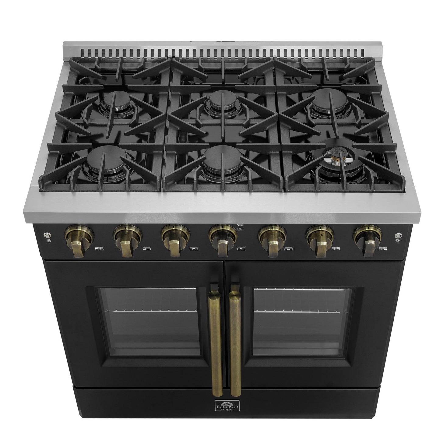 Forno FFSGS644436BLK Forno Galiano 36-Inch French Door Gas Range Black And Antique Brass Design, 6 Sealed Burners 83,000 Btu, 5.36 Cu.Ft. Convection Oven