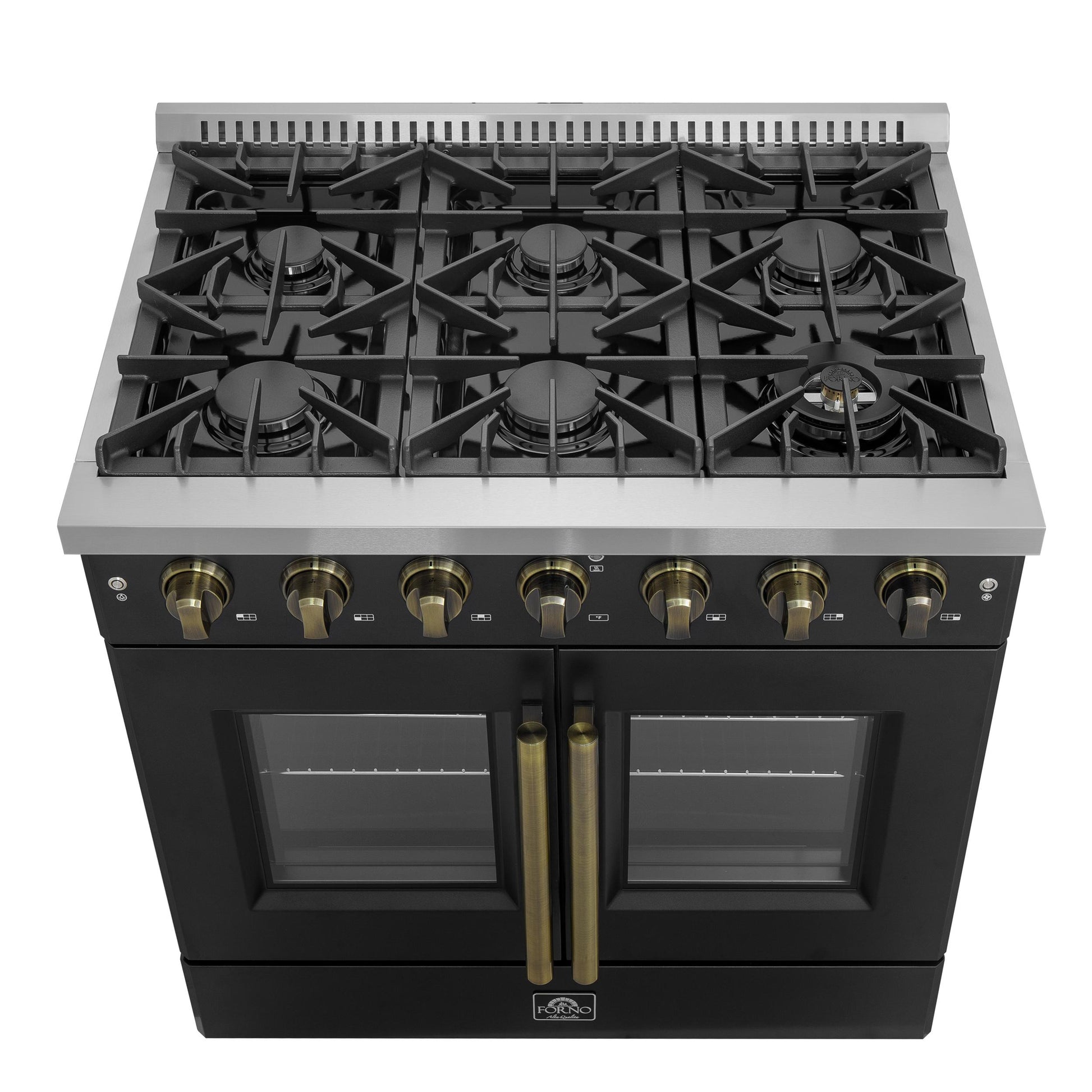 Forno FFSGS644436BLK Forno Galiano 36-Inch French Door Gas Range Black And Antique Brass Design, 6 Sealed Burners 83,000 Btu, 5.36 Cu.Ft. Convection Oven