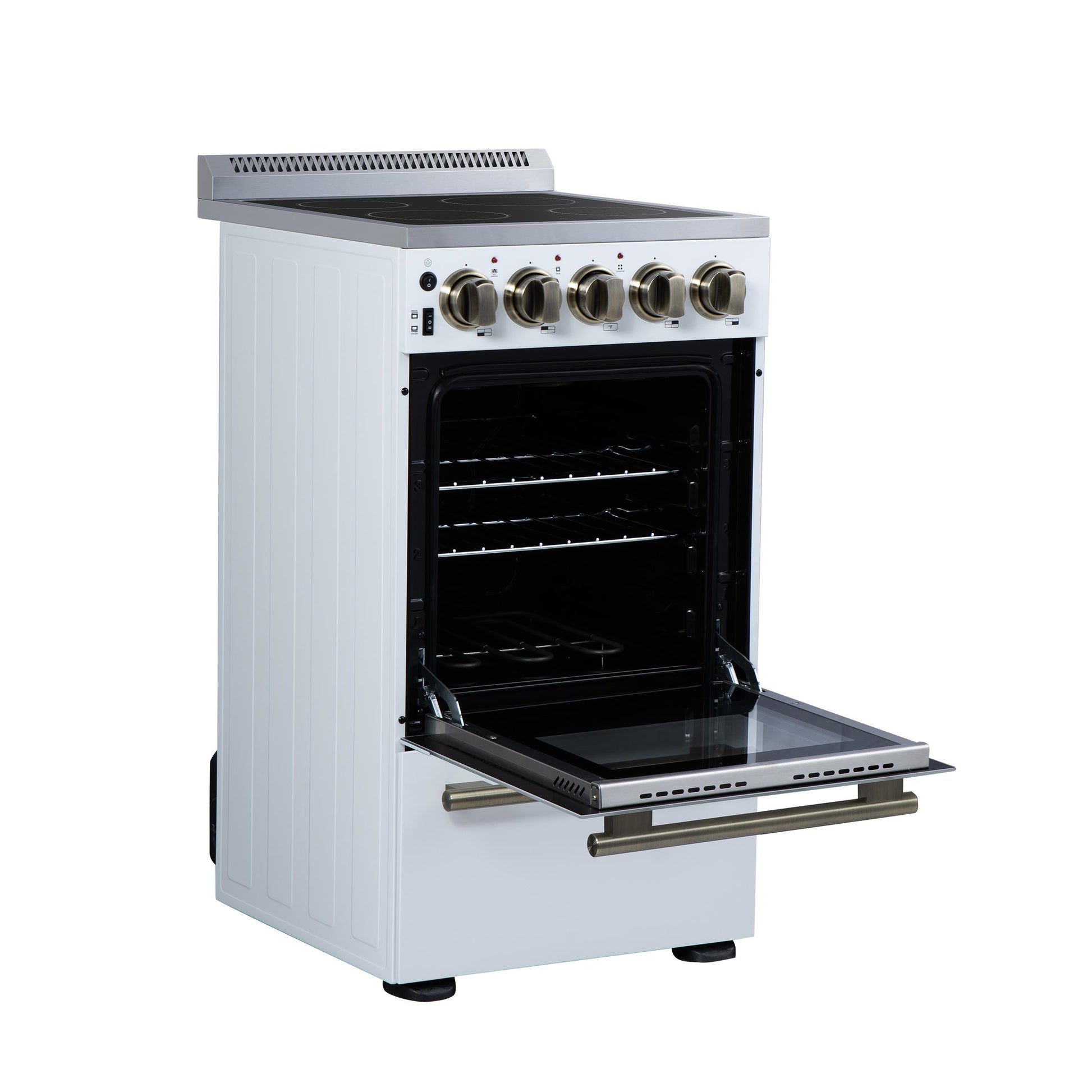 Forno FFSEL605220WHT Forno Pallerano 20 Inch Freestanding Electric Range In White With Antique Brass, Compact Design