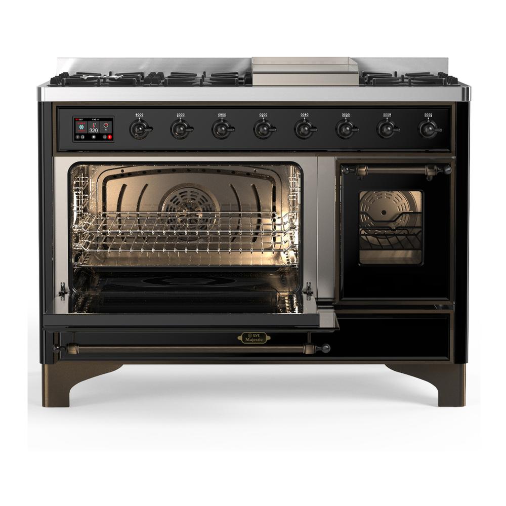Ilve UM48FNR3BKBLP Ilve Um48Fnr3Bkblp Majestic Iii 48 Inch Dual Fuel Range With 8 Burners And Griddle, Dual Function Burner Up To 25,000 Btu (Liquid Propane, Triple Glass Door, Glossy Black, Burnished)