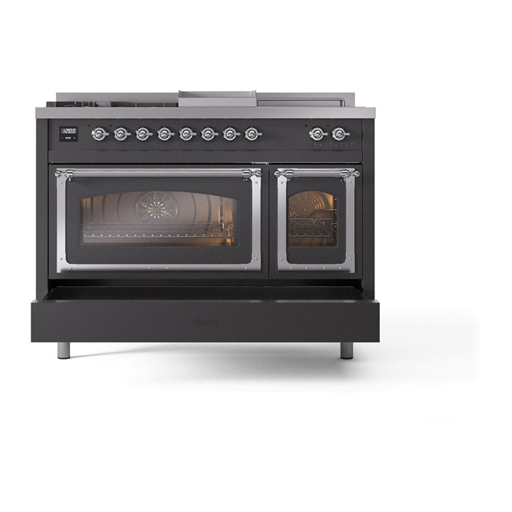 Ilve UN48FSNMPMGCLP Ilve Un48Fsnmpmgclp Nostalgie Ii Noblesse 48" Dual Fuel Range (5 Sealed Burners + Griddle + French Top, Liquid Propane, Triple Glass Door, Graphite Matte, Chrome)