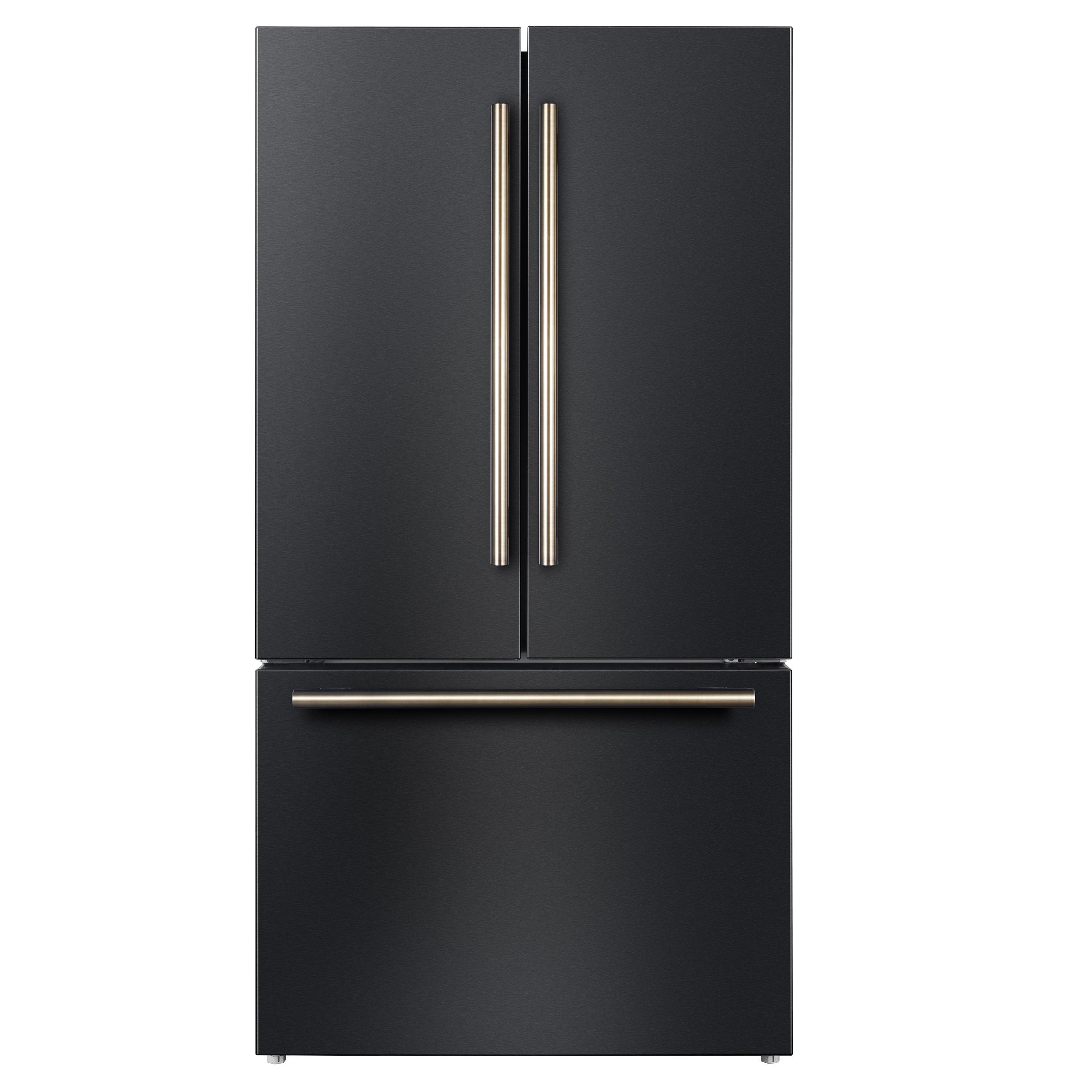 Forno FFFFD178336BLK Forno Rivello 36 Inch French Door Refrigerator In Black With Antique Brass, Internal Water Dispenser, Filtered Ice, Adjustable Shelves, Energy Star Certified
