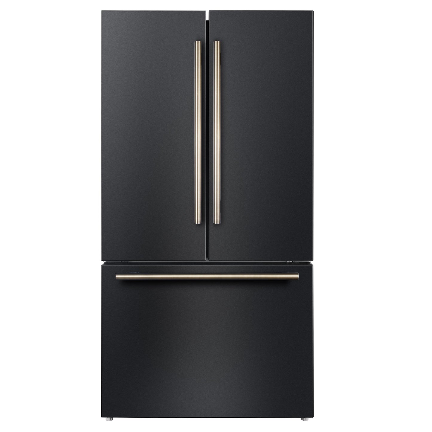 Forno FFFFD178336BLK Forno Rivello 36 Inch French Door Refrigerator In Black With Antique Brass, Internal Water Dispenser, Filtered Ice, Adjustable Shelves, Energy Star Certified