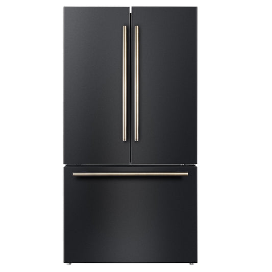 Forno FFFFD178336BLK Forno Rivello 36 Inch French Door Refrigerator In Black With Antique Brass, Internal Water Dispenser, Filtered Ice, Adjustable Shelves, Energy Star Certified