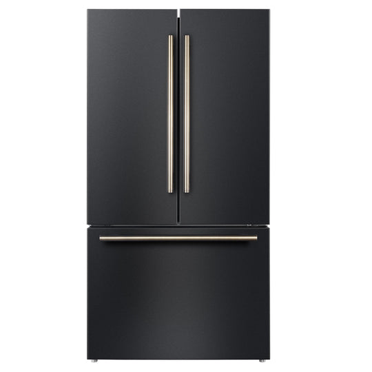 Forno FFFFD178336BLK Forno Rivello 36 Inch French Door Refrigerator In Black With Antique Brass, Internal Water Dispenser, Filtered Ice, Adjustable Shelves, Energy Star Certified