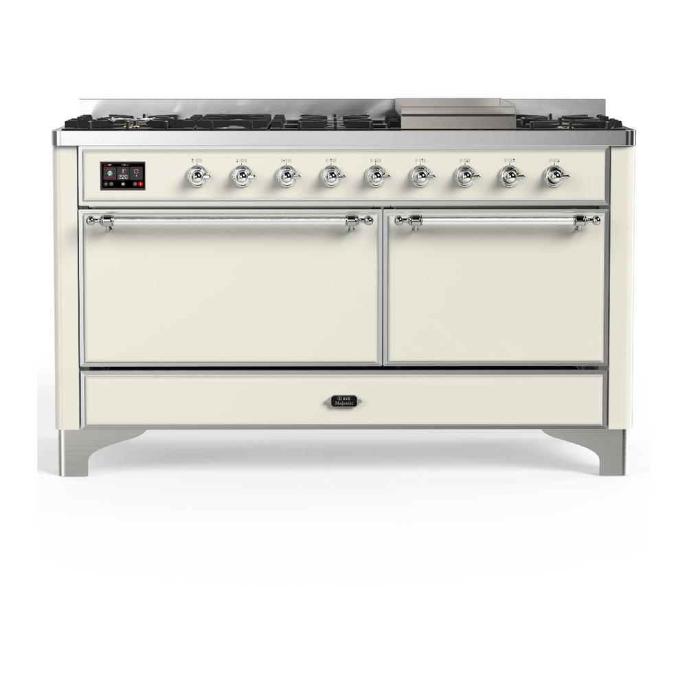 Ilve UM60FQNR3AWC Ilve Um60Fqnr3Awc Majestic Iii 60 Inch Dual Fuel Range With 9 Burners And Griddle, Dual Function Burner Up To 25,000 Btu (Natural Gas, Solid Door, Antique White, Chrome)