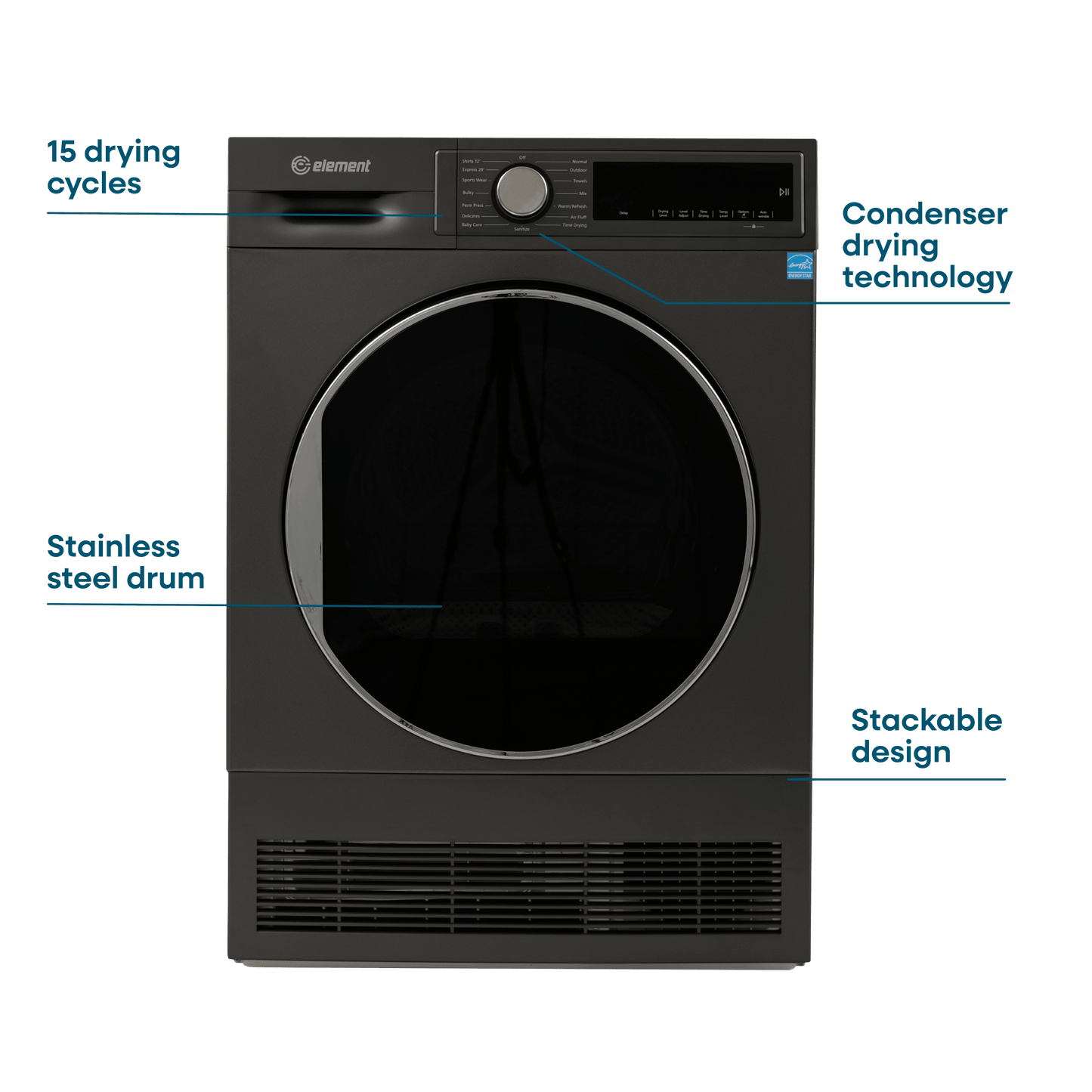 Element Appliance ECD4224EGG Element 4.0 Cu. Ft. Front Load Electric Dryer - Gray, Energy Star (Ecd4224Egg)