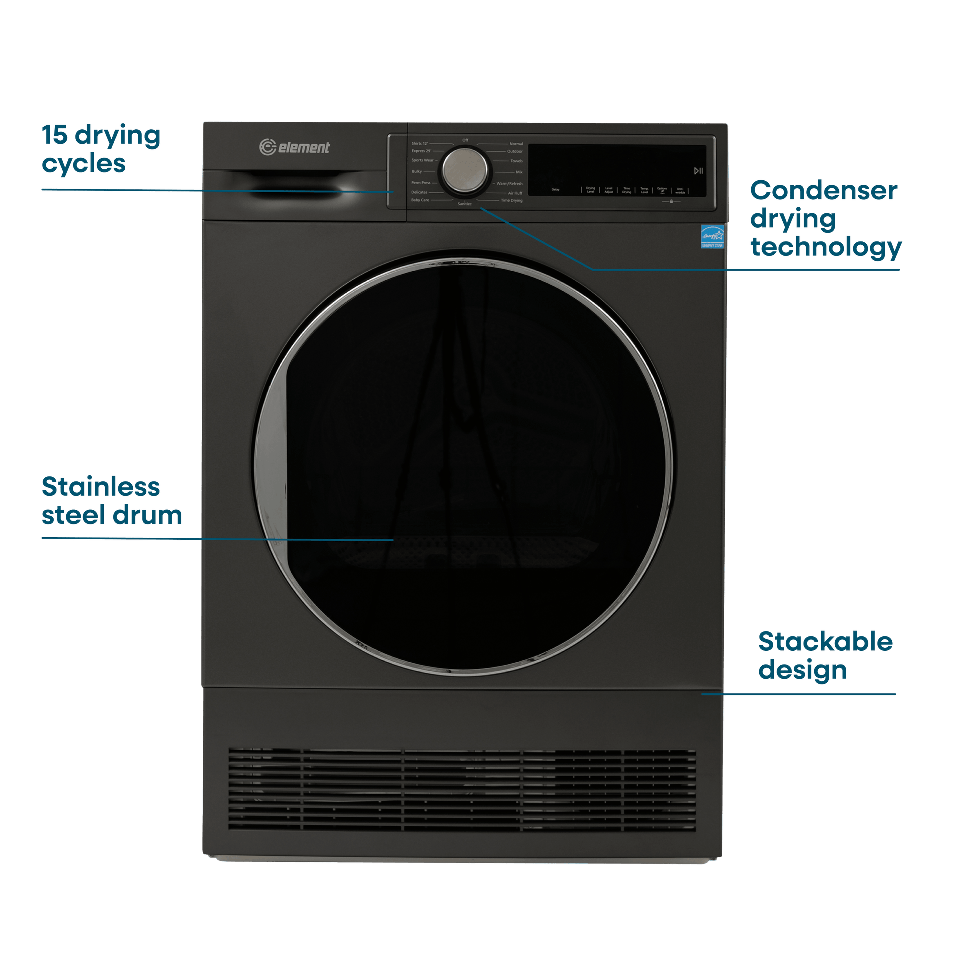 Element Appliance ECD4224EGG Element 4.0 Cu. Ft. Front Load Electric Dryer - Gray, Energy Star (Ecd4224Egg)
