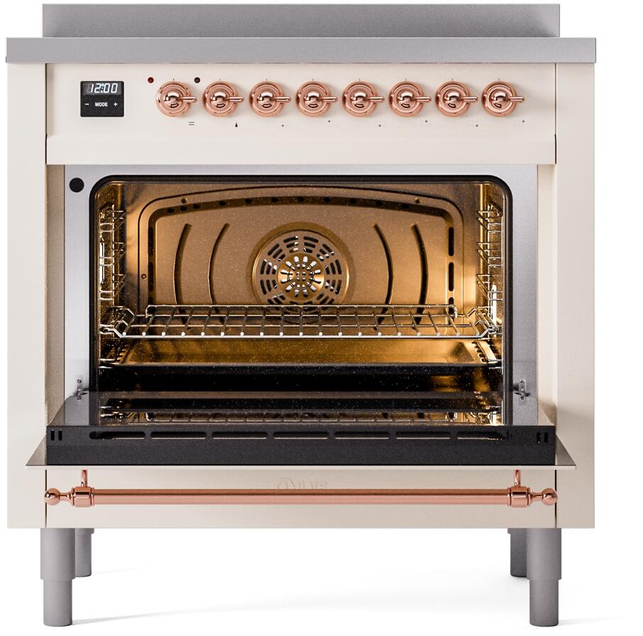 Ilve UPI366NMPAWP Nostalgie Ii 36 Inch Electric Freestanding Range In Antique White With Copper Trim