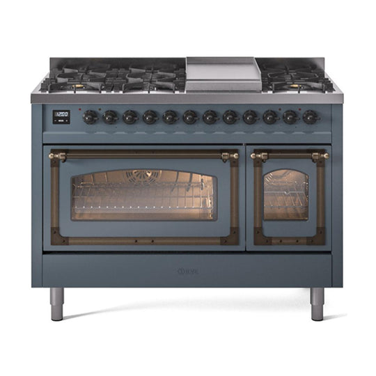 Ilve UN48FNMPBGB Ilve Un48Fnmpbgb Nostalgie Ii Noblesse 48" Dual Fuel Range (8 Sealed Burners + Griddle, Natural Gas, Triple Glass Door, Blue Grey, Burnished)