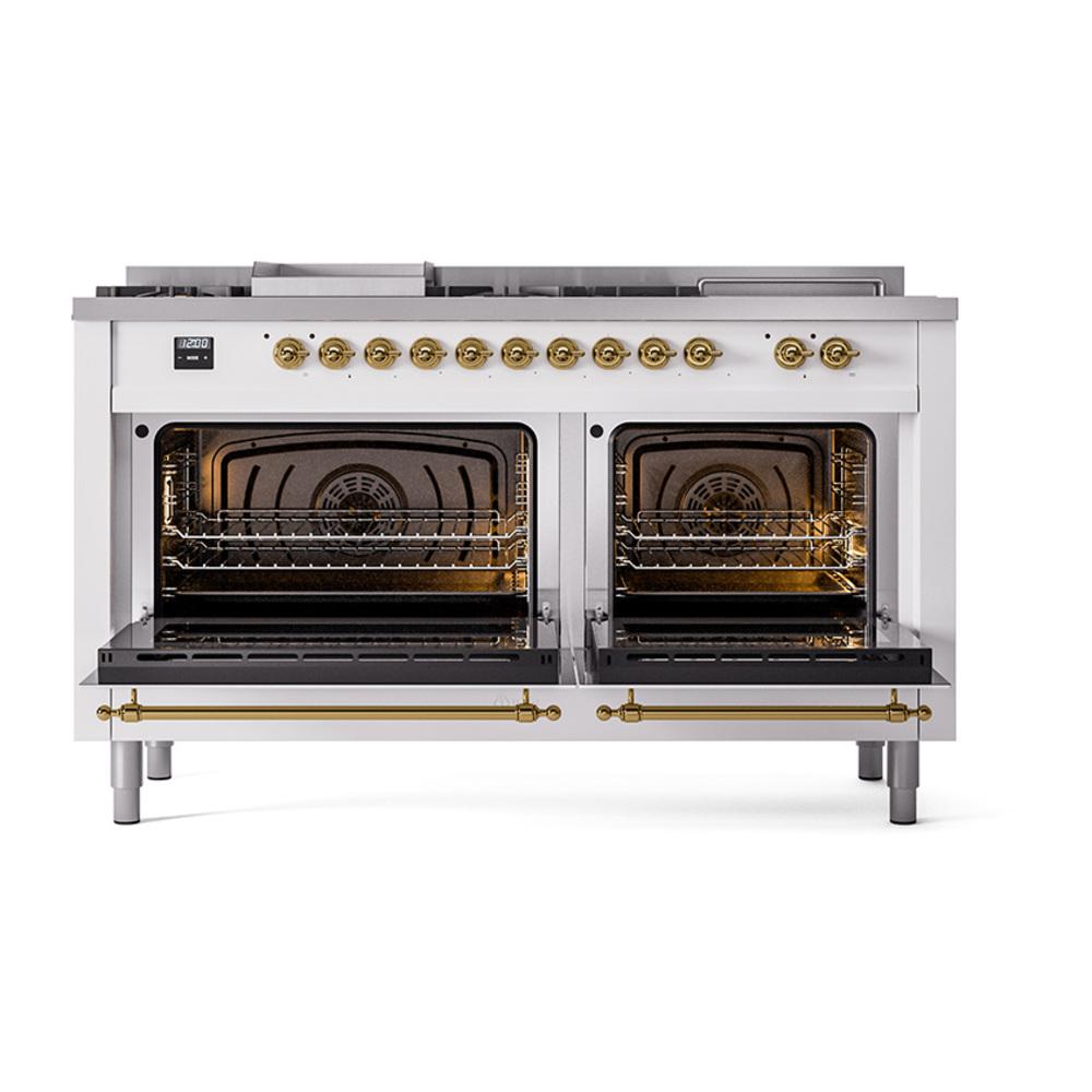 Ilve UN60FSNMPWHG Ilve Un60Fsnmpwhg Nostalgie Ii Noblesse 60" Dual Fuel Range (7 Sealed Burners + Griddle + French Top, Natural Gas, Triple Glass Door, White, Brass)