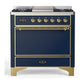 Ilve UM36FQNR3MBGLP Ilve Um36Fqnr3Mbglp Majestic Iii 36 Inch Dual Fuel Range With 6 Black Brass Burners And Griddle, Dual Function Burner Up To 25,000 Btu (Solid Door, Midnight Blue, Brass, Liquid Propane)
