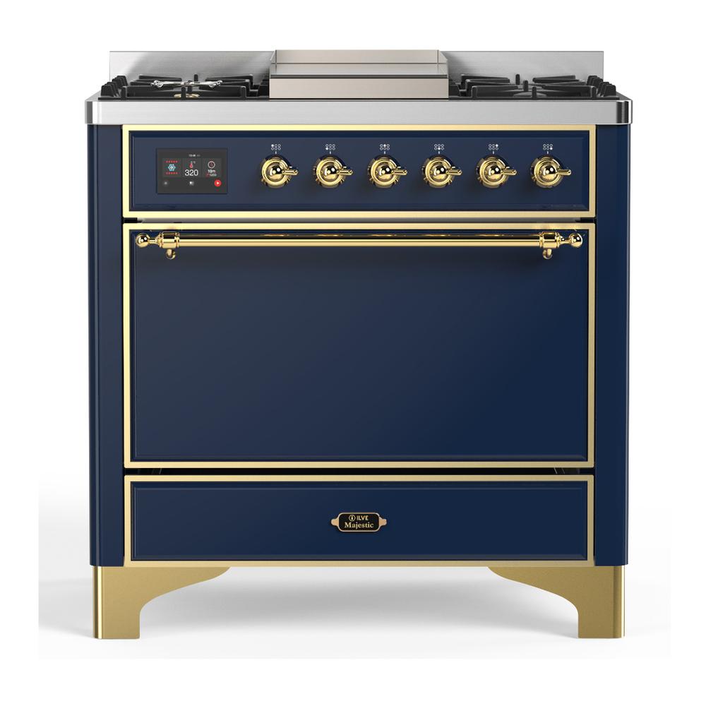 Ilve UM36FQNR3MBGLP Ilve Um36Fqnr3Mbglp Majestic Iii 36 Inch Dual Fuel Range With 6 Black Brass Burners And Griddle, Dual Function Burner Up To 25,000 Btu (Solid Door, Midnight Blue, Brass, Liquid Propane)