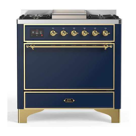 Ilve UM36FQNR3MBGLP Ilve Um36Fqnr3Mbglp Majestic Iii 36 Inch Dual Fuel Range With 6 Black Brass Burners And Griddle, Dual Function Burner Up To 25,000 Btu (Solid Door, Midnight Blue, Brass, Liquid Propane)